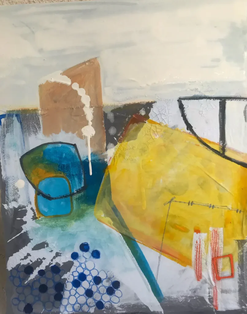Abstract painting of blue and yellow shapes